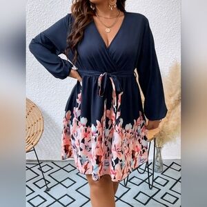SHEIN Blue and Pink Wrap Sundress with Bishop Sleeves